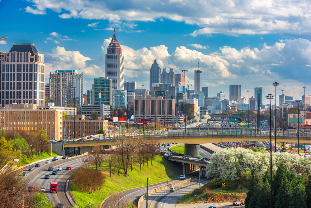 Downtown Atlanta skyline over the I-85 connector, Georgia's busiest auto transport corridor