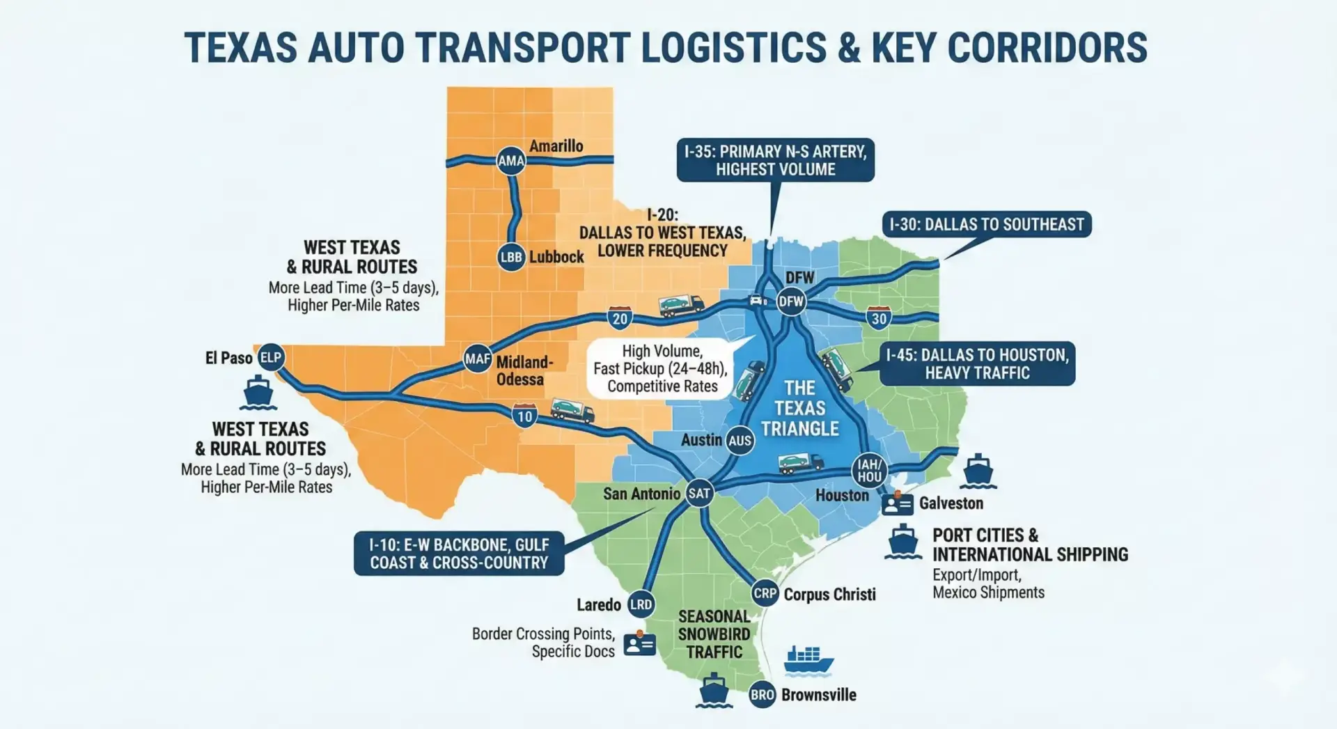 Texas auto transport routes map showing major corridors served by Number 1 Auto Transport