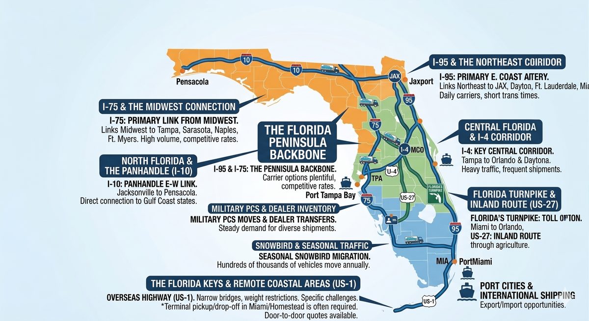 Map of Florida showing major auto transport corridors including I-95, I-75, I-10, I-4, the Florida Turnpike, and key ports in Miami, Tampa, and Jacksonville
