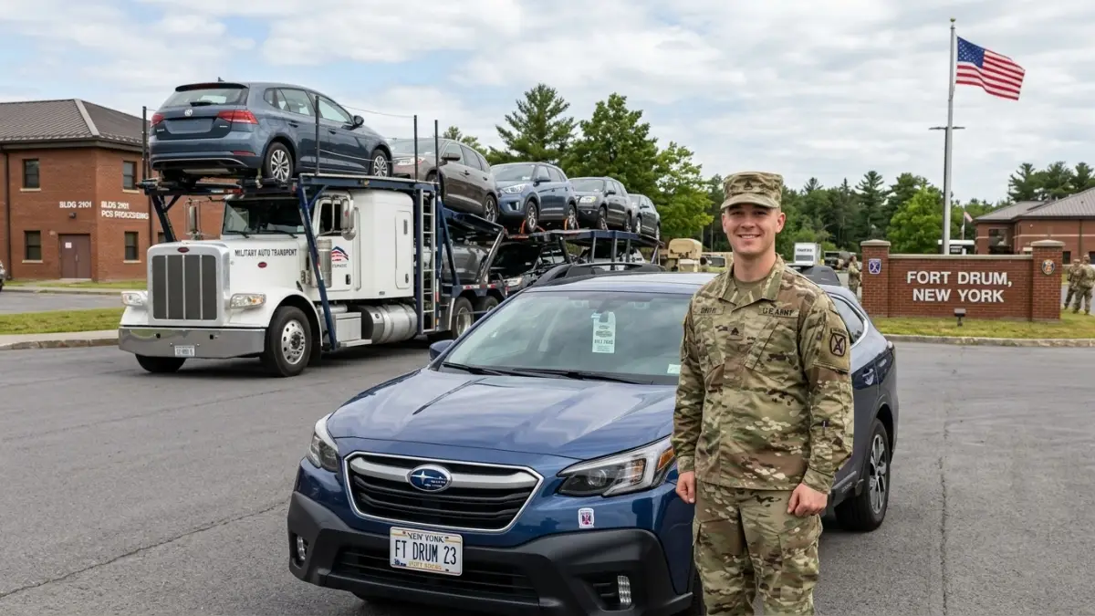 Car hauler loading a service member's vehicle for a PCS move out of New York