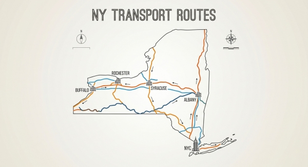 New York auto transport routes map showing major corridors in and out of New York