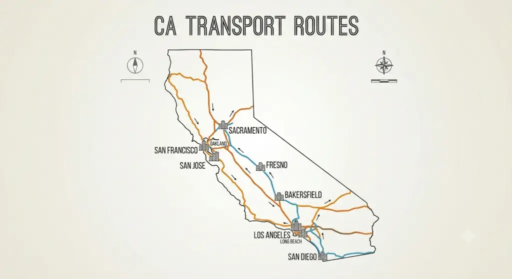 California auto transport routes map showing major corridors in and out of California
