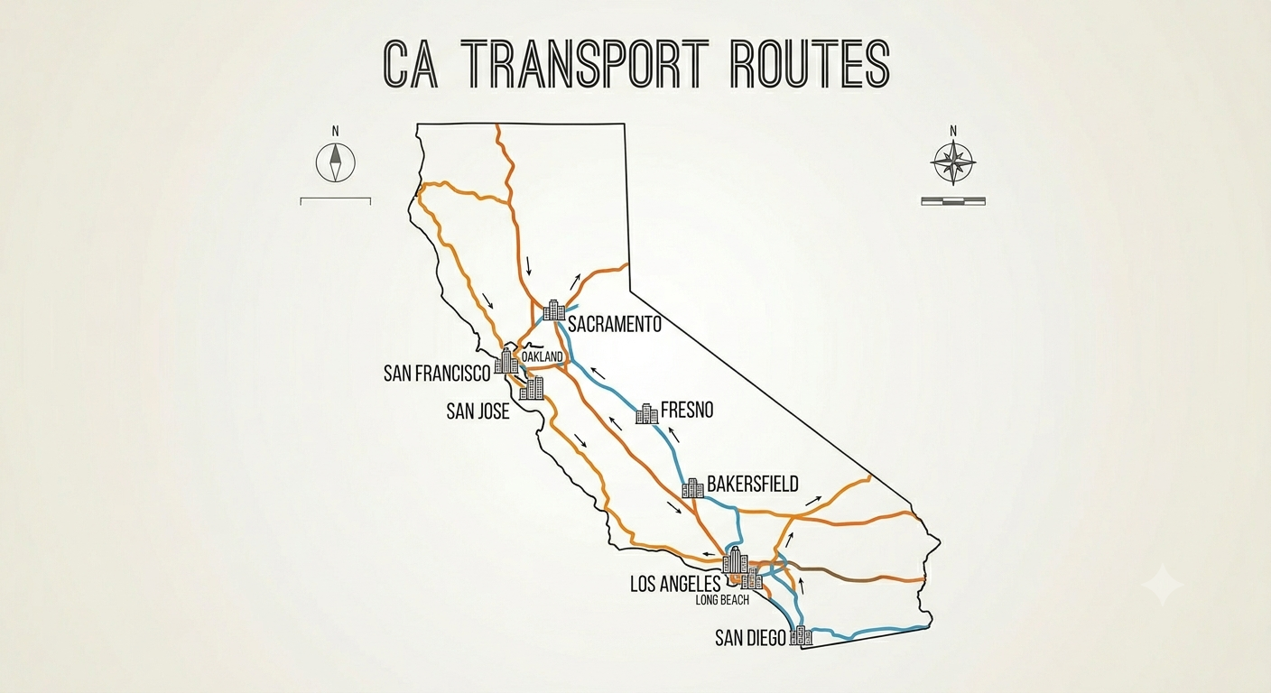 California auto transport routes map showing major corridors in and out of California