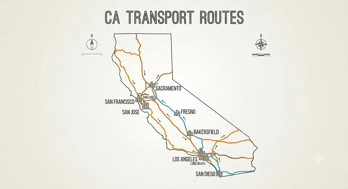 Map of the main car shipping routes into Los Angeles, San Diego, the Bay Area, and Sacramento