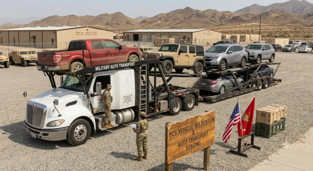 Car carrier loaded with service members' vehicles at a PCS staging area on a base