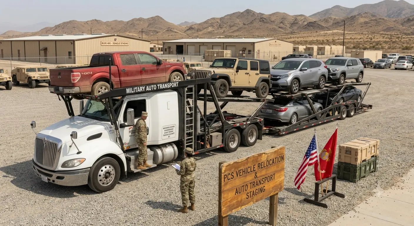Car hauler loading vehicles at a PCS staging area on a California base